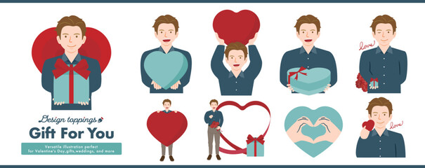 バレンタインデーに男性人物が愛のこもったハートやギフト箱のプレゼントを贈るイラスト