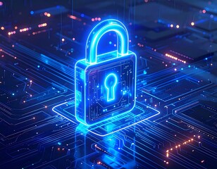 Neon blue 3D padlock on circuit board, digital security concept