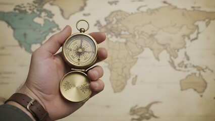 Hand holding antique pocket watch over world map.