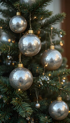 elegant silver ornaments among evergreen branches