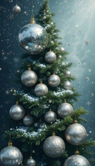silver baubles on a green christmas tree