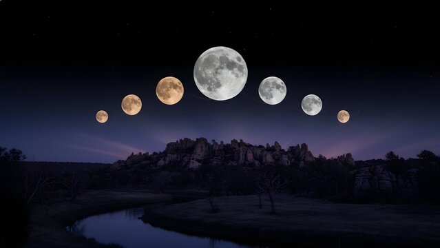 Lunar Cycle Phases Over Night Landscape.