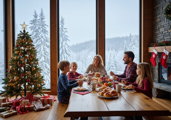 Happy family having Christmas breakfast at a wooden table near a decorated tree with winter forest view.