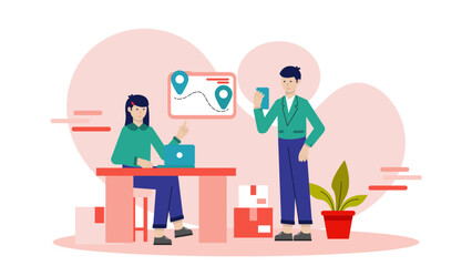 Logistics Team Tracking a Global Shipment. Business Flat Vector Illustration