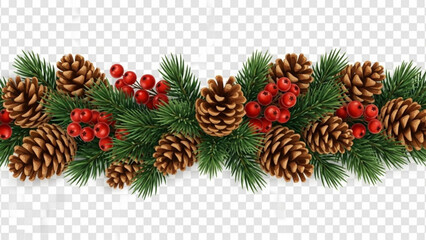 Christmas garland with pine cones and red berries festive evergreen branch border for holiday decoration isolated on transparent background