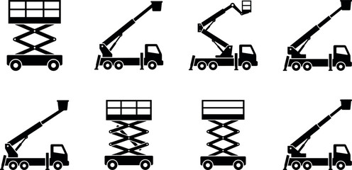 Aerial work platform and boom truck silhouettes set including scissor lifts and bucket trucks industrial access equipment vector © Emon
