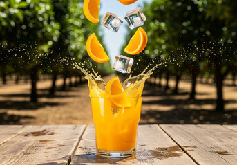 Fresh orange juice splash with falling ice cubes and fruit slices in a sunny citrus orchard.