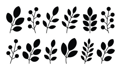 Collection of black botanical silhouettes with leaves and berries white © Vectory Icons