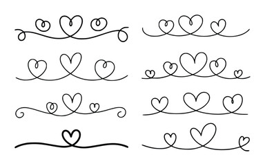 Collection of black hand drawn heart flourishes and dividers white love swirl