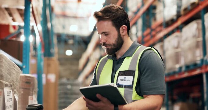 Shipping, tablet and man in warehouse with barcode reader for stock, inventory or check cargo. Technology, distribution worker and person with scanner for storage update, logistics records and flare
