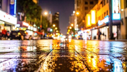 Obraz premium City street at night with wet cobblestones reflecting lights (1)