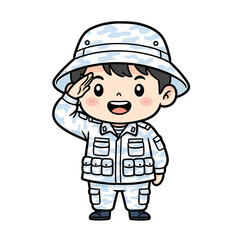 Cute Little Navy Soldier Camouflage Boy Saluting with Sun Hat Cartoon
