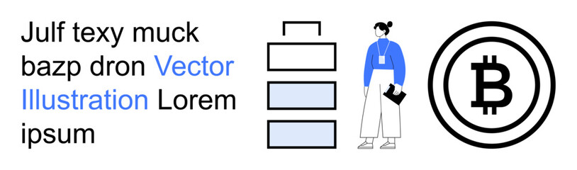 Cryptocurrency investments, blockchain networks, data storage, finance, technology, business. Woman in blue sweater, cryptocurrency symbol and stacked data icons. Cryptocurrency and blockchain