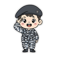 Cute Little Navy Soldier Camouflage Boy Saluting with Sun Hat Cartoon