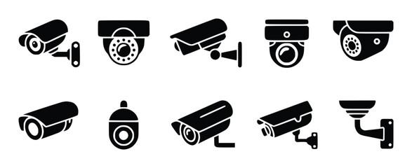 Collection of black security surveillance cameras white cctv