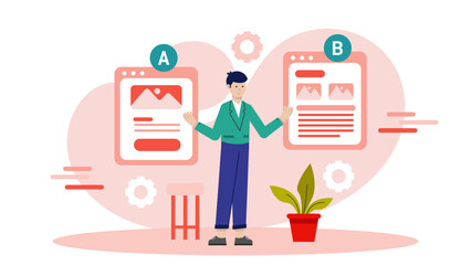 Team A-B Testing Two Website Landing Pages. Business Flat Vector Illustration