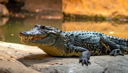 Obraz premium Large reptile sunning itself by a body of water in an outdoor habitat