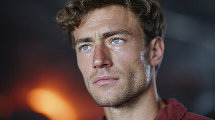 Obraz premium Handsome man portrait closeup blue eye serious expression masculine face emotional mood