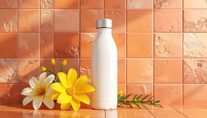 White water bottle and flowers against an orange tiled wall