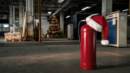 Fire extinguisher santa hat industrial warehouse christmas tree safety equipment holiday season red cylinder festive decor concrete floor