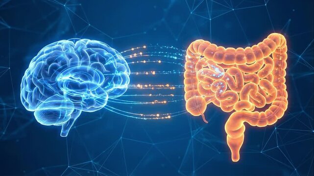 Conceptual Medical Illustration of the Gut-Brain Axis Showing Neural Connection Between Human Brain and Digestive System. Metabolism illustration, eating disorders