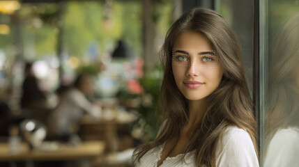 Woman facial recognition interface data analysis beauty concept, young adult female portrait indoor cafe background