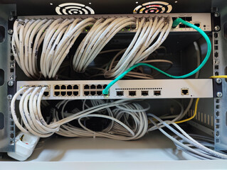 Close-up of Organized Network Switches and Patch Panels with White and Colored Ethernet Cables in a Corporate Data Center Server Rack