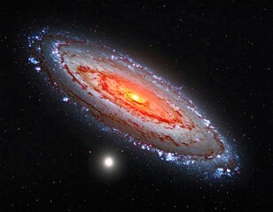 A vibrant, large spiral galaxy glows brightly against a star-filled void