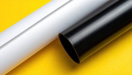 Rolled paper and dark tube on yellow surface. Geometric forms contrasted