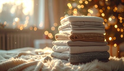 Christmas tree with gift. used clothes for Christmas as present decorated with lights