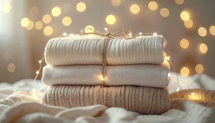 Christmas tree with gift. used clothes for Christmas as present decorated with lights