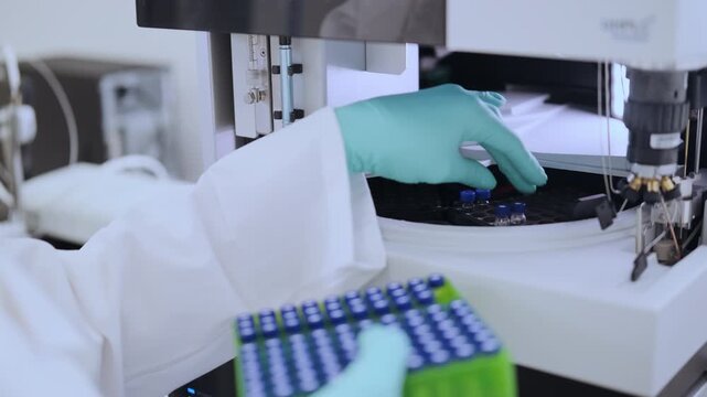 Close up woman scientist puts the vial to HPLC. High quality 4k footage