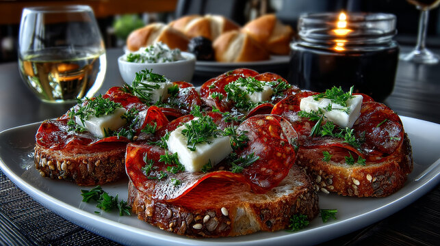 Tasty appetizer of thinly sliced spicy salami on wholewheat bread with a seed crust and liberal spread of butter or margarine topped with parsley, on white