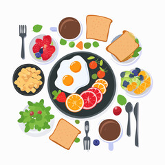 Vibrant Breakfast Flat Lay Healthy Morning Meal Illustration Featuring Fried Eggs, Fresh Fruits, Toasted Bread, Coffee, and Green Salad