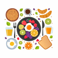 A Delicious and Healthy Breakfast Spread with Fruits, Eggs, and Pastries