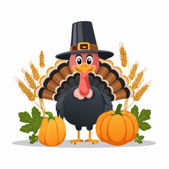 Adorable cartoon turkey character celebrates autumn harvest festival in traditional pilgrim hat with seasonal pumpkins