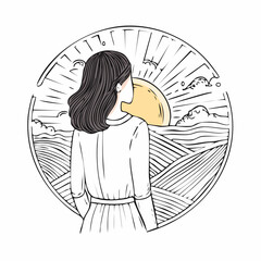 A woman in a white dress stands facing a sunrise over rolling hills, a symbol of hope and new beginnings