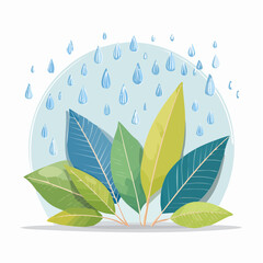 Vibrant green and blue leaves nourished by gentle falling raindrops, a fresh and natural illustration of spring's renewal