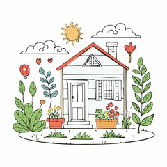 Charming Hand-Drawn Illustration of a Cozy Home Surrounded by Lush Greenery and Blooming Flowers