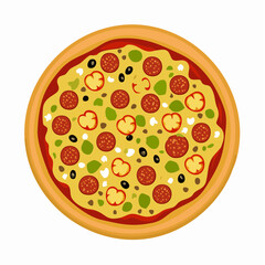 Delicious Italian Pepperoni Pizza with Olives, Peppers, and Fresh Herbs - Top View Flat Lay