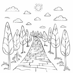 Stone Pathway Lined with Trees Under a Sunny Sky with Clouds, a Whimsical Hand-Drawn Illustration