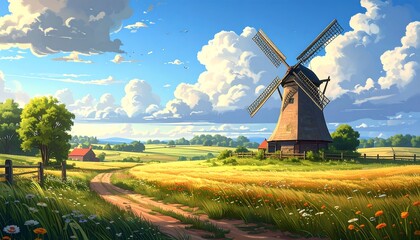 Pastoral landscape with windmill, winding path through meadow, blue skies and fluffy clouds on bright sunny day
