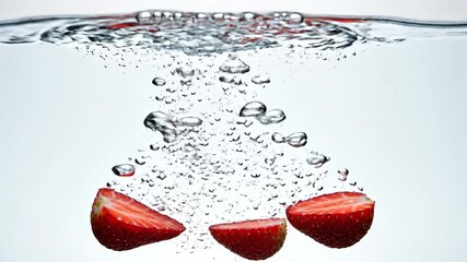 Vibrant red strawberry halves plunge into crystal clear water creating an energetic splash and a cascade of effervescent bubbles symbolizing freshness purity and a refreshing burst of flavor perfect . - Powered by Adobe