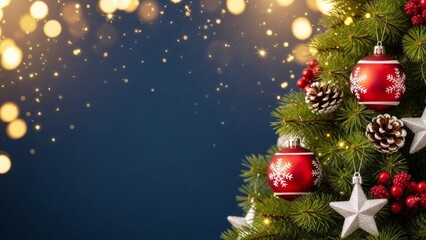 Decorated Christmas tree border with red ornaments, silver stars, and pinecones, featuring sparkling golden bokeh lights on a deep blue background with ample copy space.