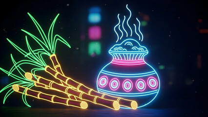 Glowing neon Pongal pot and sugarcane vector. Modern futuristic festival design on dark background. Creative light effect illustration.
