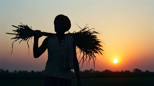 Silhouette of Indian farmer in field during harvest. Vector illustration for Pongal and Makar Sankranti. Agriculture and nature concept.
