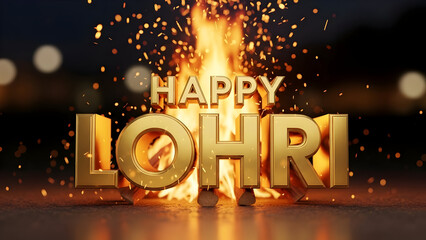 Golden Happy Lohri text with fire sparks vector. Premium typography for Indian festival greeting. 3D metallic lettering design.
