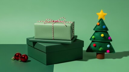 Christmas composition with stacked green gift boxes, a decorative felt tree, and red ornaments creating a festive, minimal display on a duotone green background with hard shadow