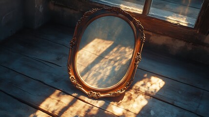 Vintage gilded mirror reflecting sunlight, casting shadows on rustic floorboards