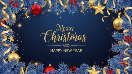 Luxurious blue Christmas and Happy New Year greeting card background featuring decorative fir branches, golden ornaments, red berries, sparkling lights, and elegant gold script text.